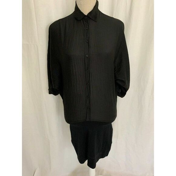 Splendid Womens Solid Black Short Sleeve Button Down Shirt Mini Dress Xs - Picture 1 of 7
